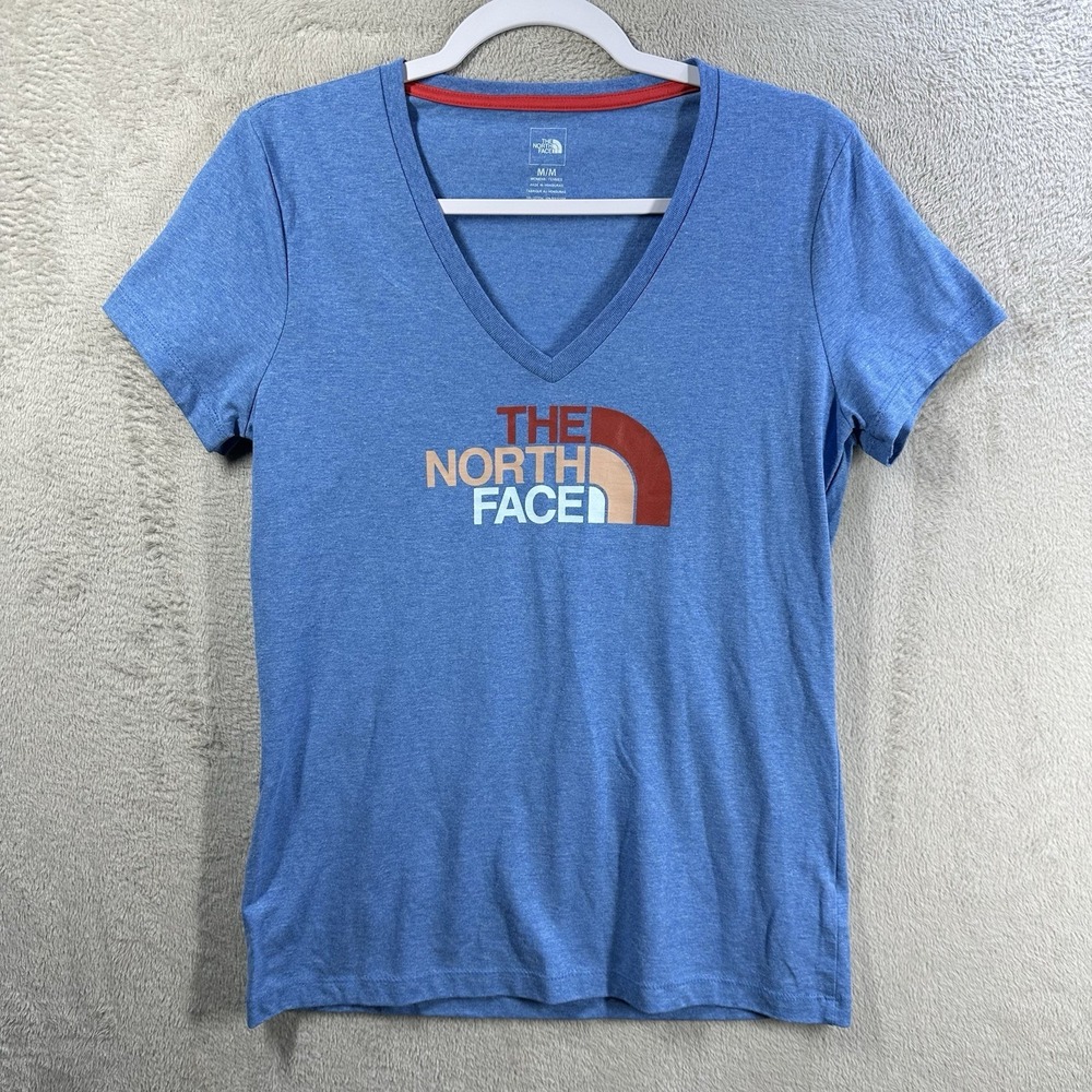 The North Face Women's M Blue Short-Sleeve T-Shirt V-Neck Spell Out Logo